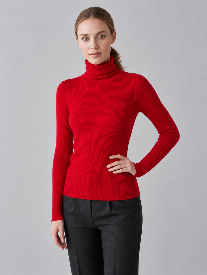 Women's Fine Knit Ribbed Roll Neck Fitted Jumper - Red colour view