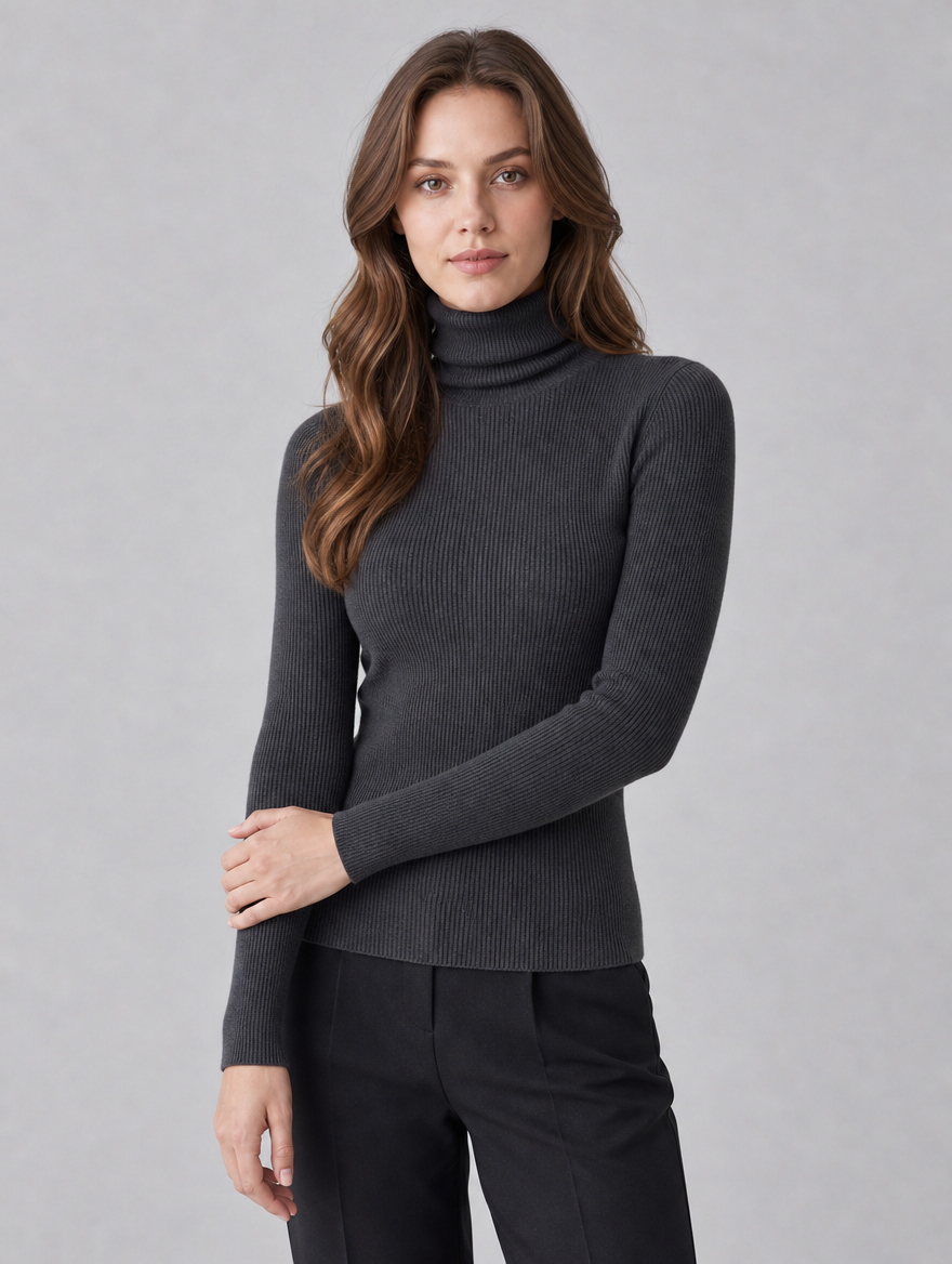 Women's Fine Knit Ribbed Roll Neck Fitted Jumper - Charcoal colour view