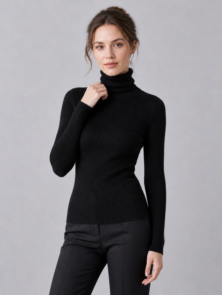 Women's Fine Knit Ribbed Roll Neck Fitted Jumper - Black colour view