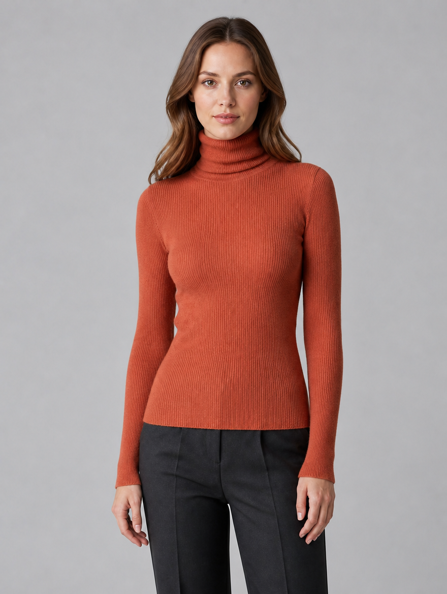 Women's Fine Knit Ribbed Roll Neck Fitted Jumper - Terracotta colour view