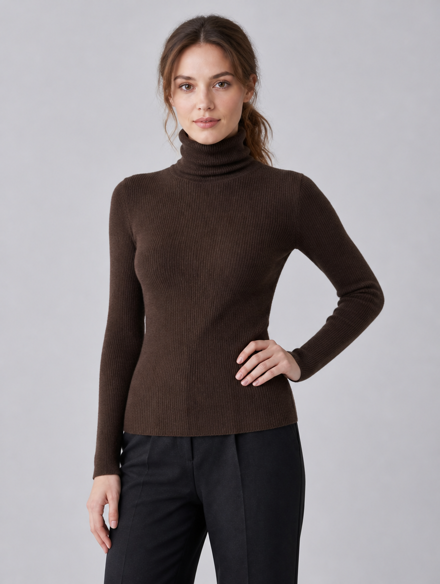 Women's Fine Knit Ribbed Roll Neck Fitted Jumper - Brown colour view