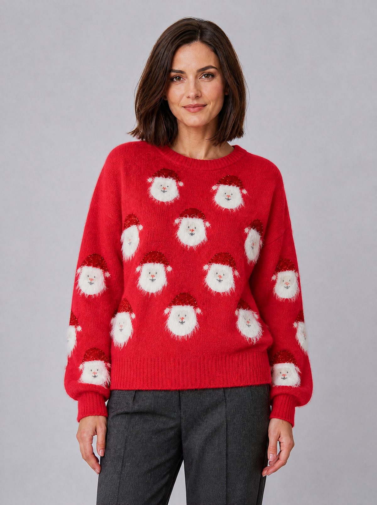 Womens Fine Knit Santa Christmas Crew Neck Relaxed Jumper - Red colour view