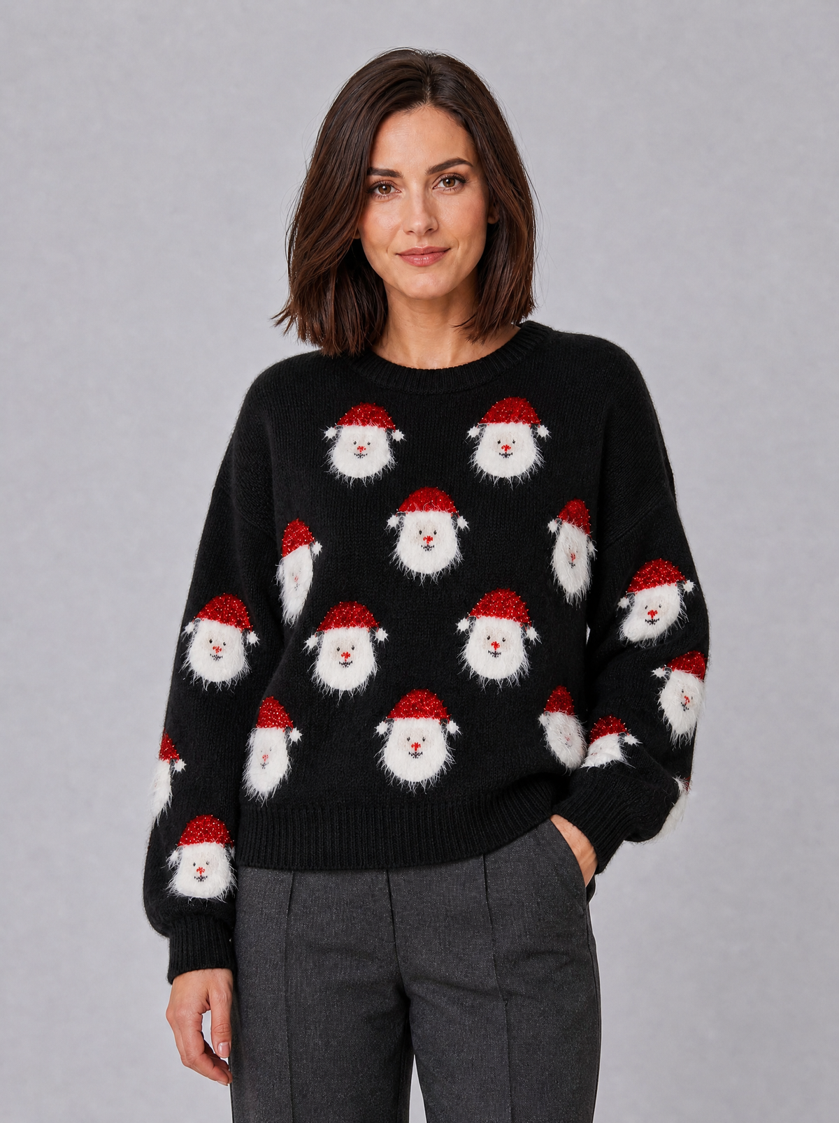 Womens Fine Knit Santa Christmas Crew Neck Relaxed Jumper - Black colour view