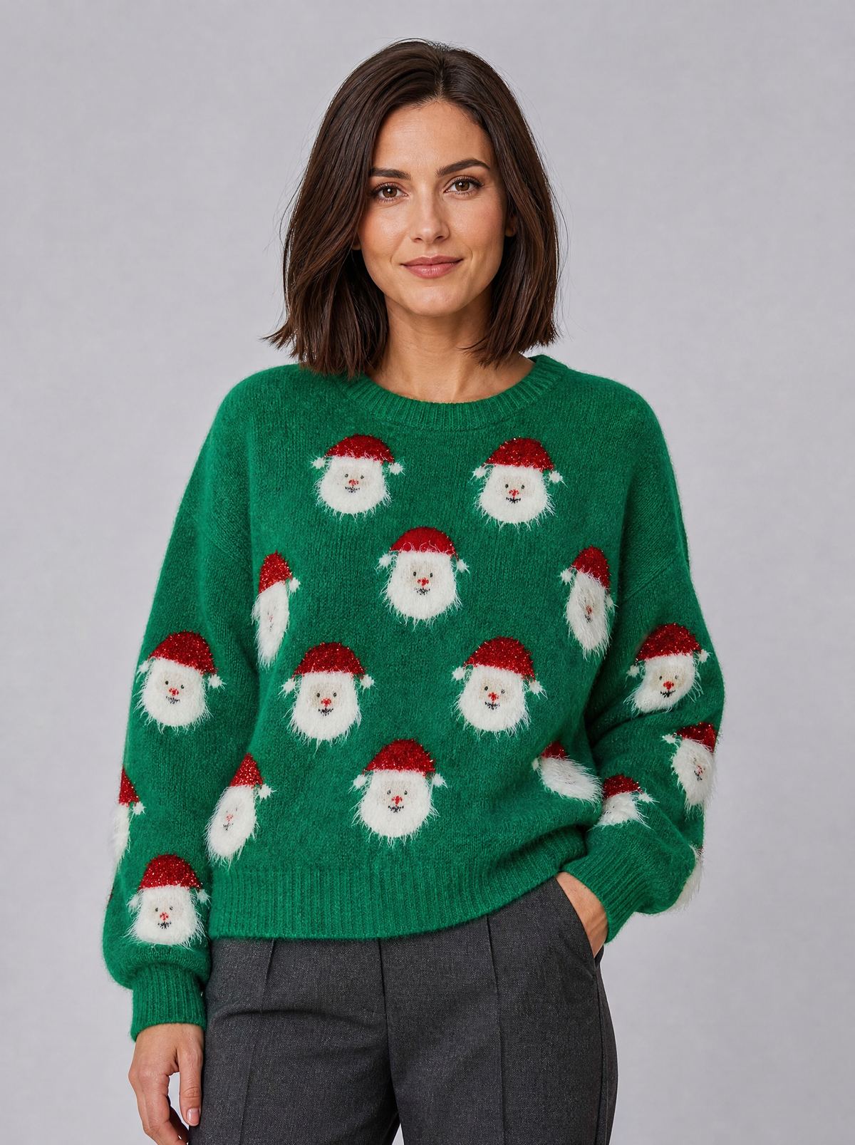 Womens Fine Knit Santa Christmas Crew Neck Relaxed Jumper - Green colour view