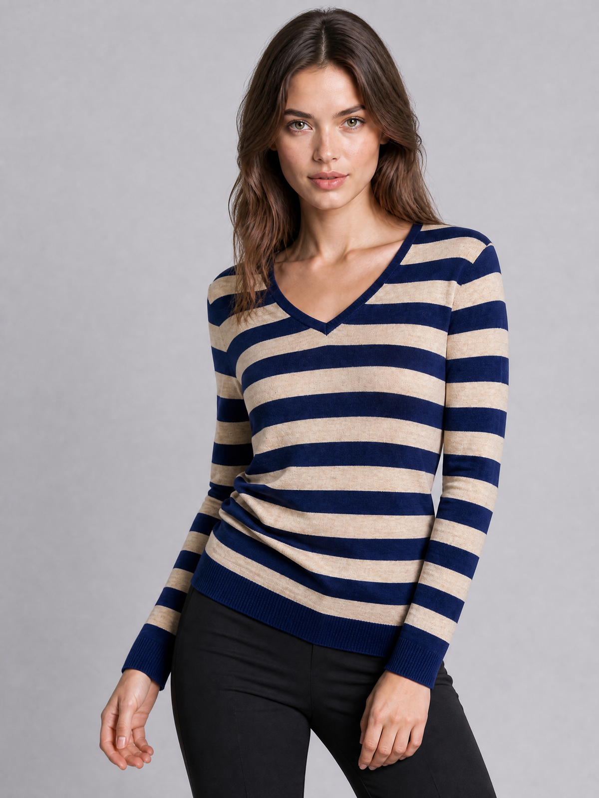 Women's Fine Knit Striped V-Neck Long Sleeve Top