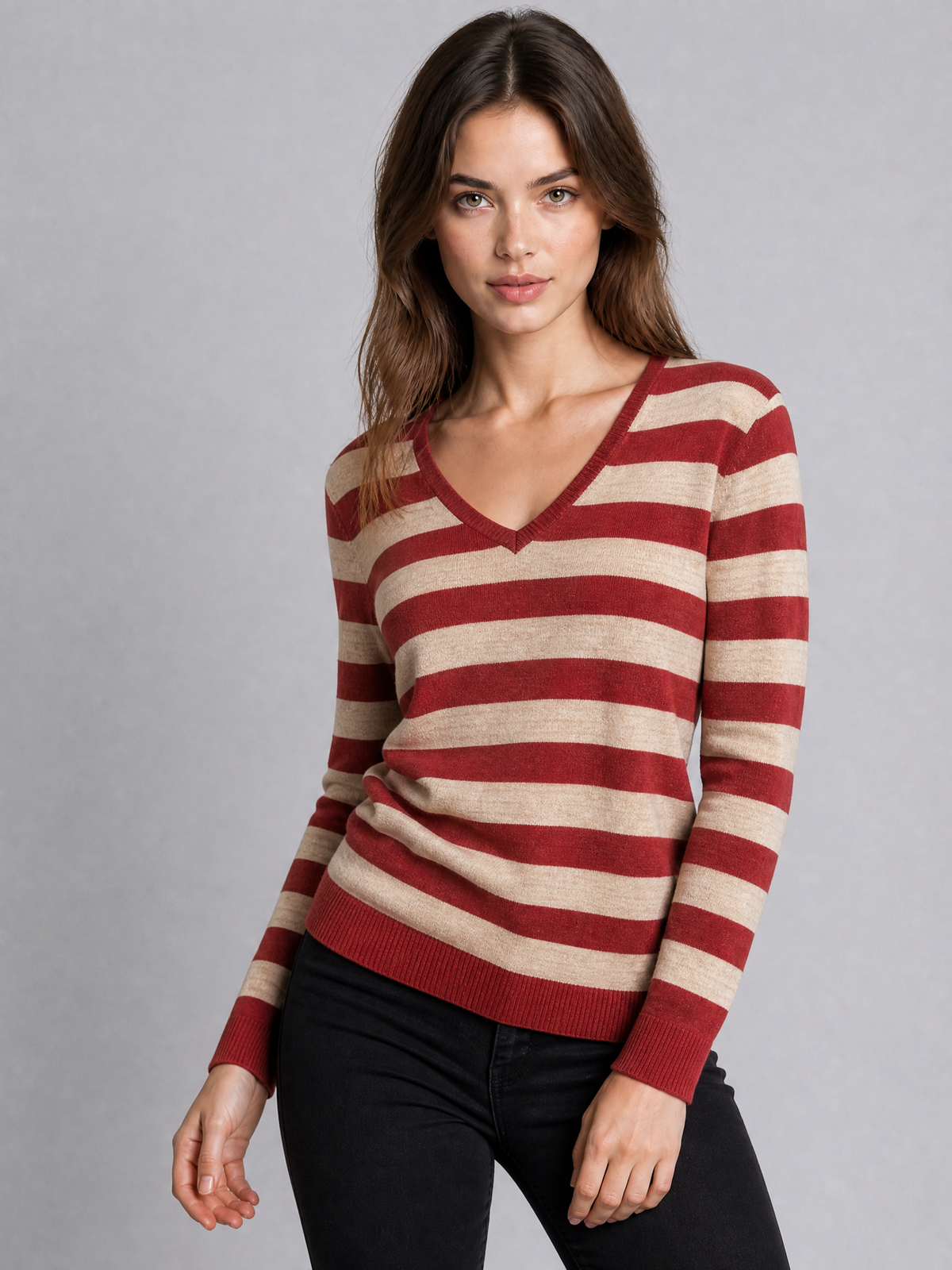 Women's Fine Knit Striped V-Neck Long Sleeve Top