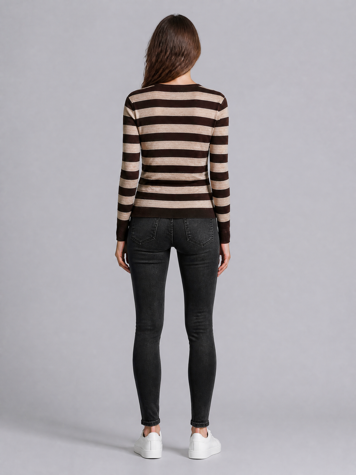 Women's Fine Knit Striped V-Neck Long Sleeve Top