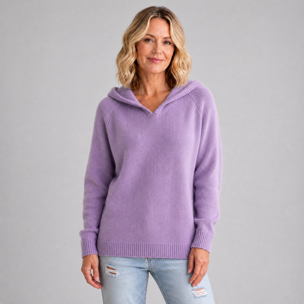Women's Fine Knit Wool Blend Relaxed Hooded V Neck Jumper