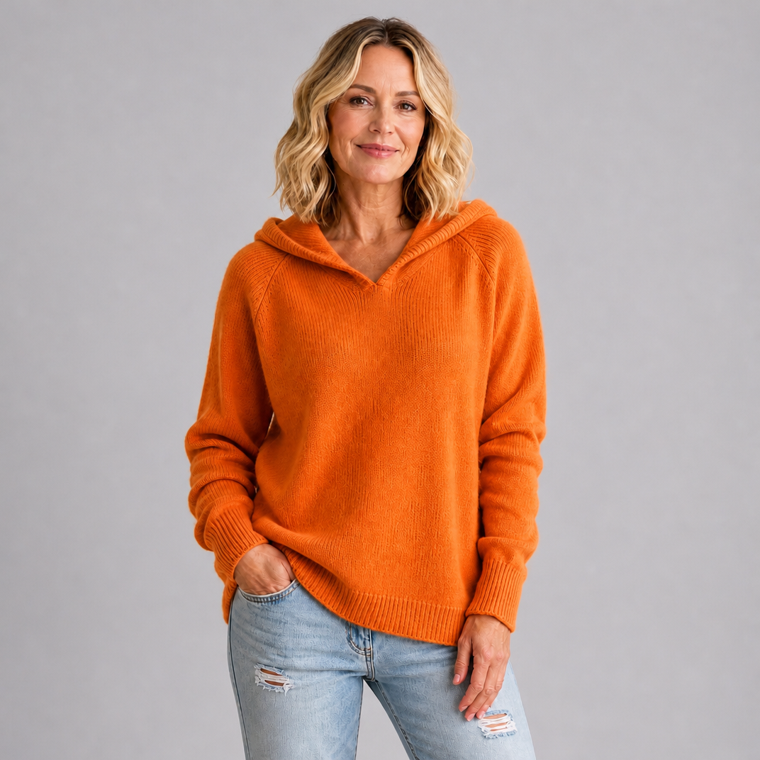 Women's Fine Knit Wool Blend Relaxed Hooded V Neck Jumper