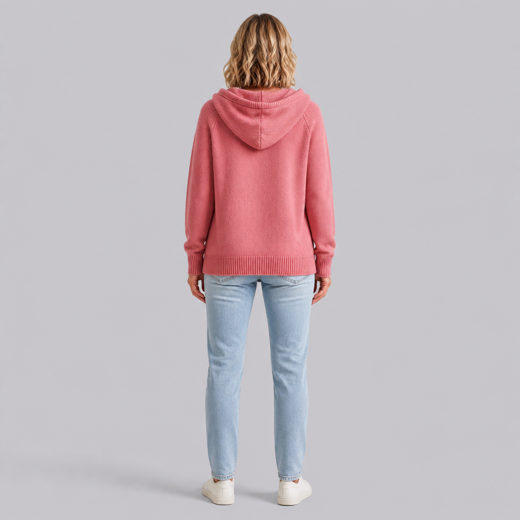 Women's Fine Knit Wool Blend Relaxed Hooded V Neck Jumper
