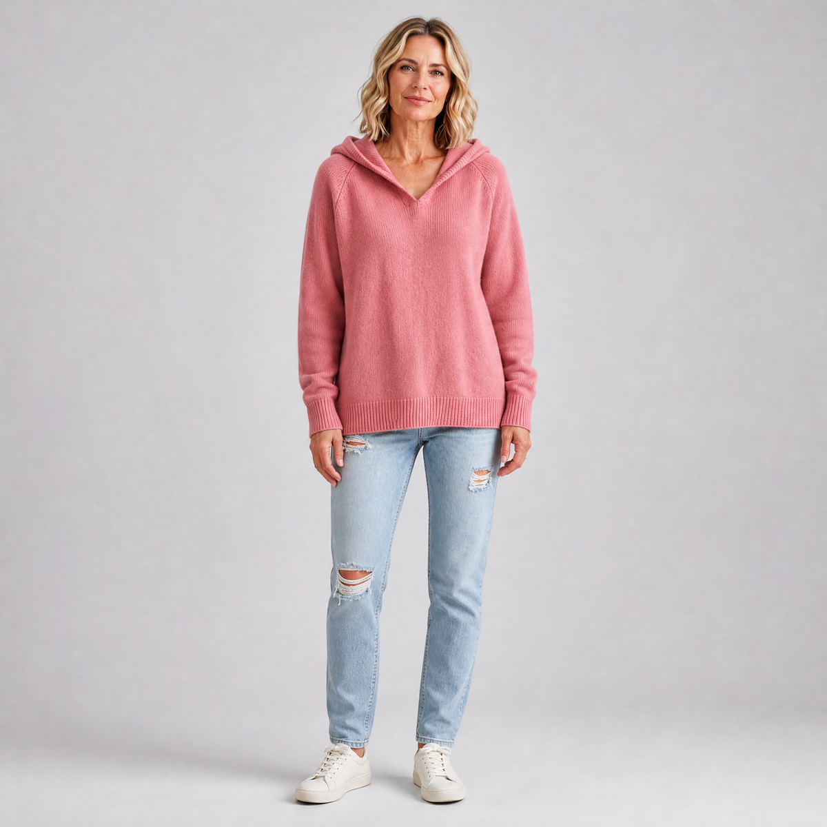 Women's Fine Knit Wool Blend Relaxed Hooded V Neck Jumper