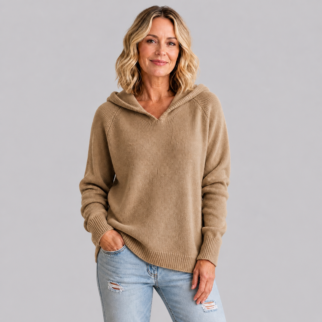 Women's Fine Knit Wool Blend Relaxed Hooded V Neck Jumper