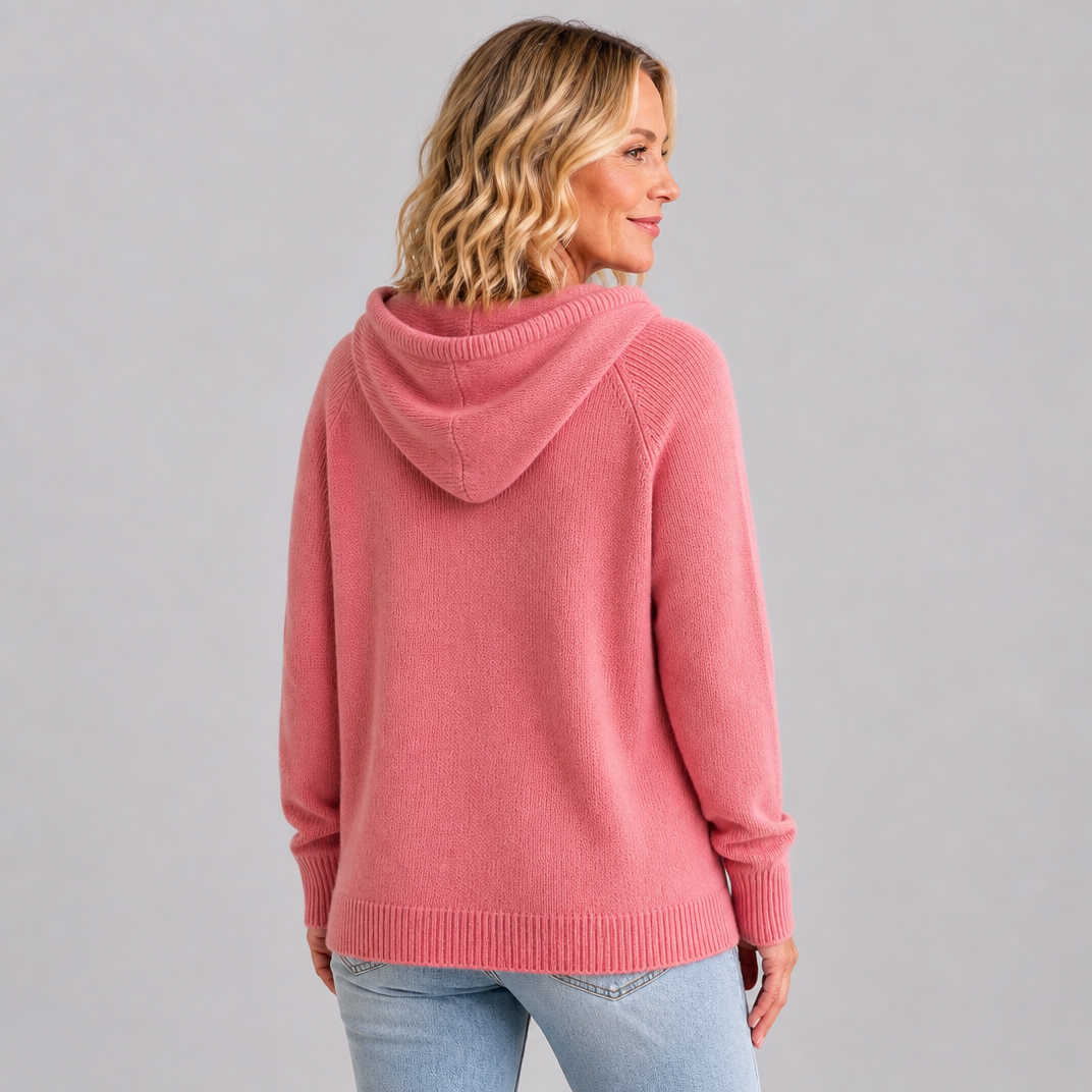 Women's Fine Knit Wool Blend Relaxed Hooded V Neck Jumper