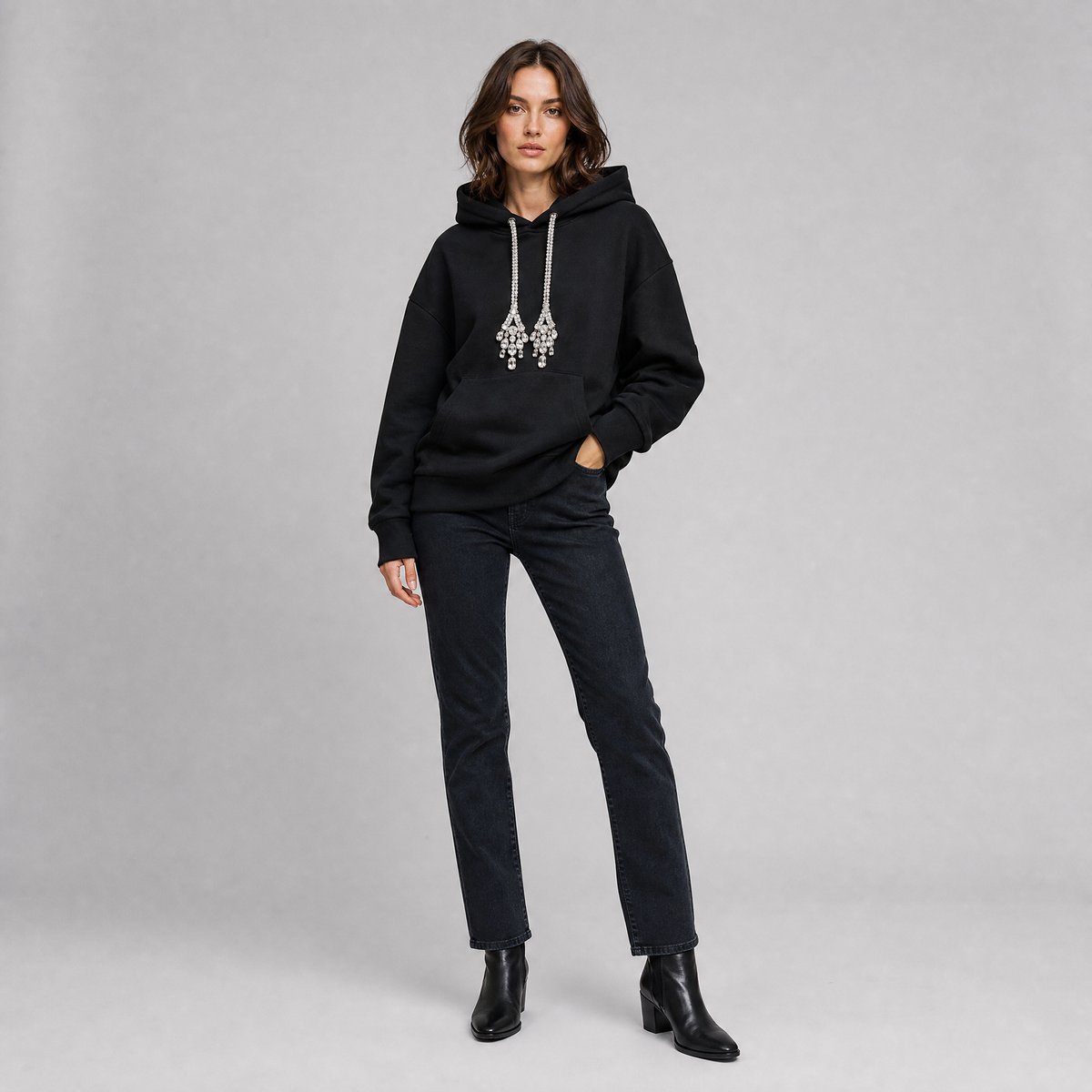 Women's Fleece Crystal Drawstring Black Hoodie