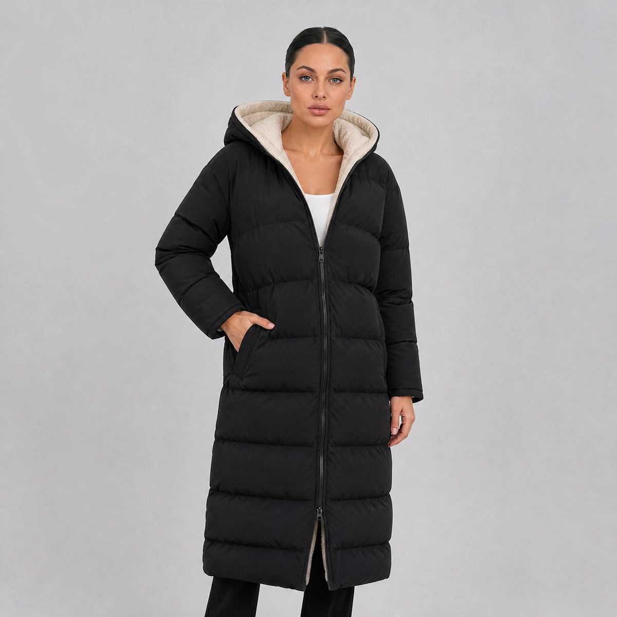 Women's Fleece Hooded Long Puffer Coat Oversized Fit