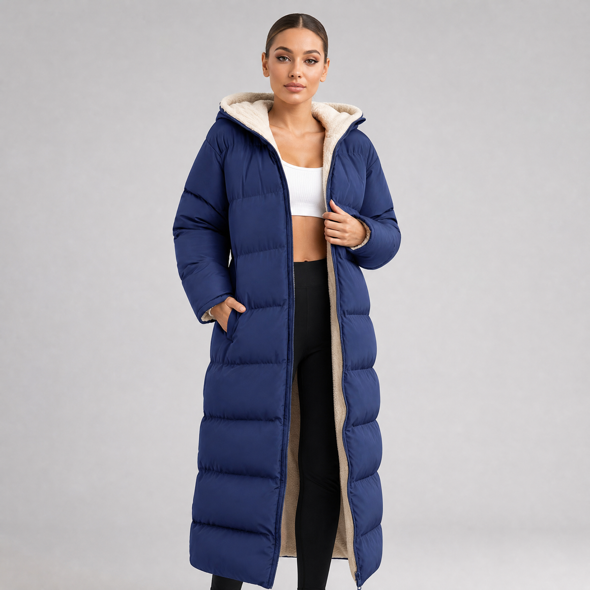 Women's Fleece Hooded Long Puffer Coat Oversized Fit