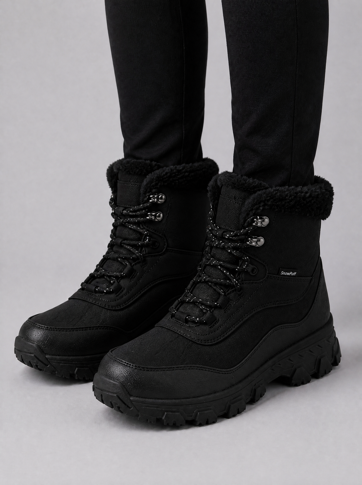 Women's Fleece Trimmed Lace Up Snow Boots - Pure Black colour view