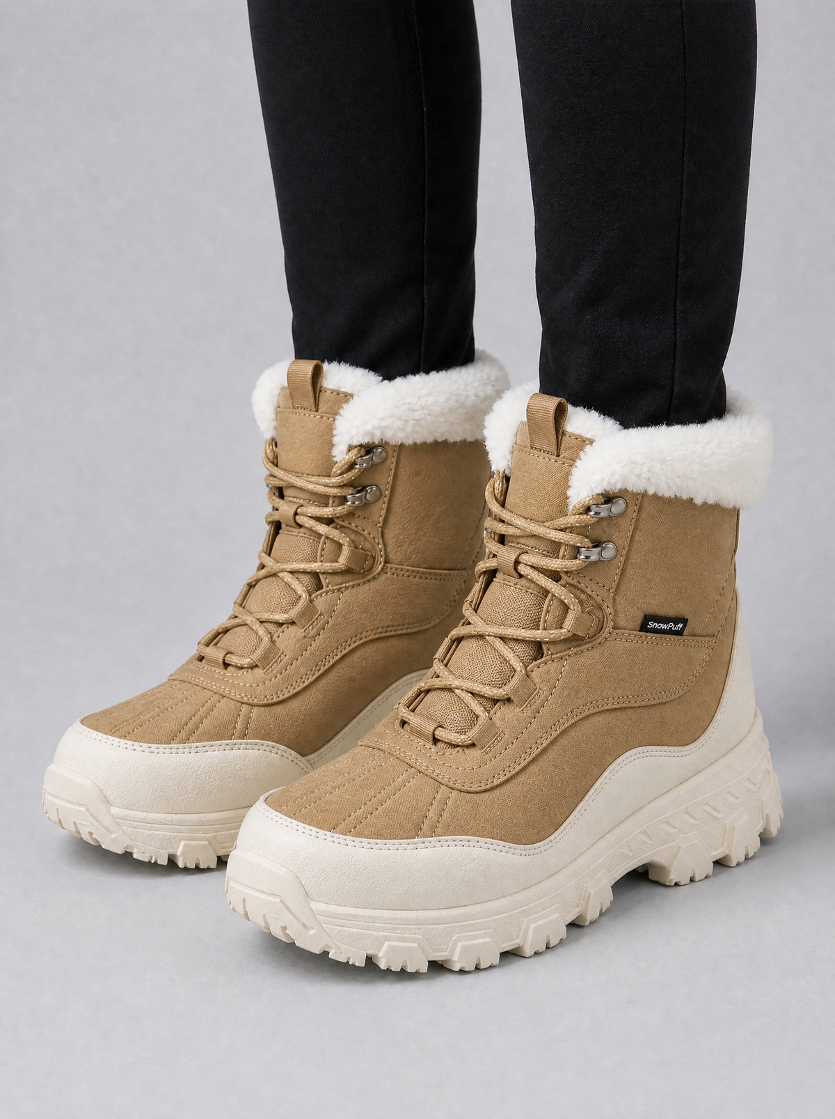Women's Fleece Trimmed Lace Up Snow Boots - Beige colour view