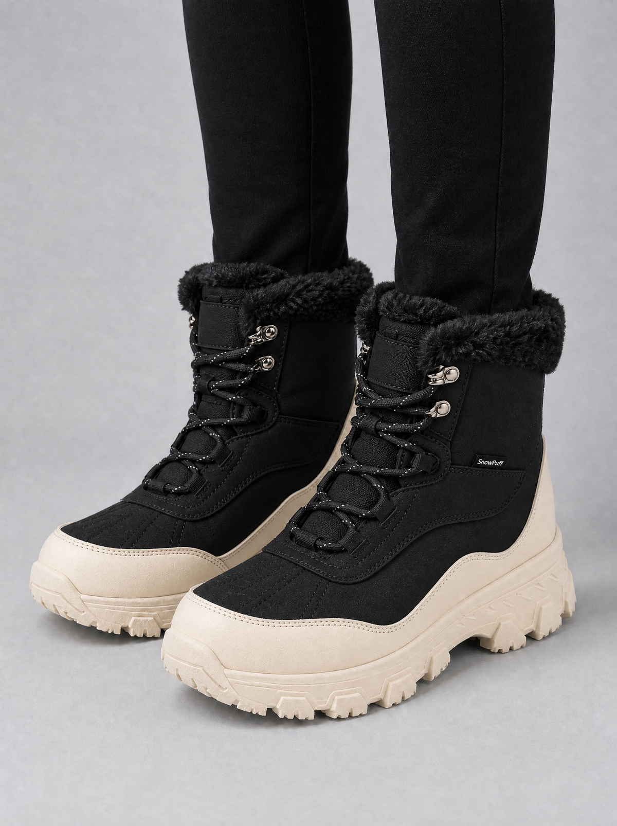Women's Fleece Trimmed Lace Up Snow Boots - Black colour view