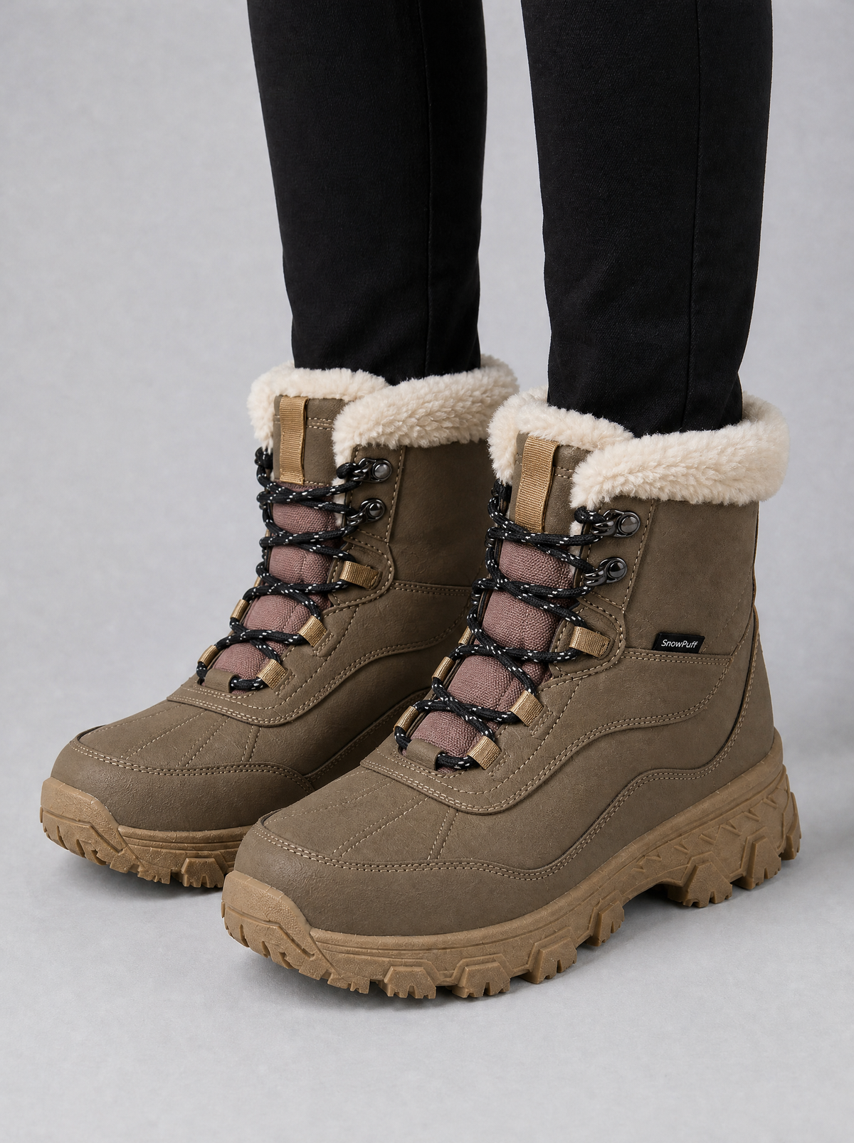 Women's Fleece Trimmed Lace Up Snow Boots - Khaki colour view