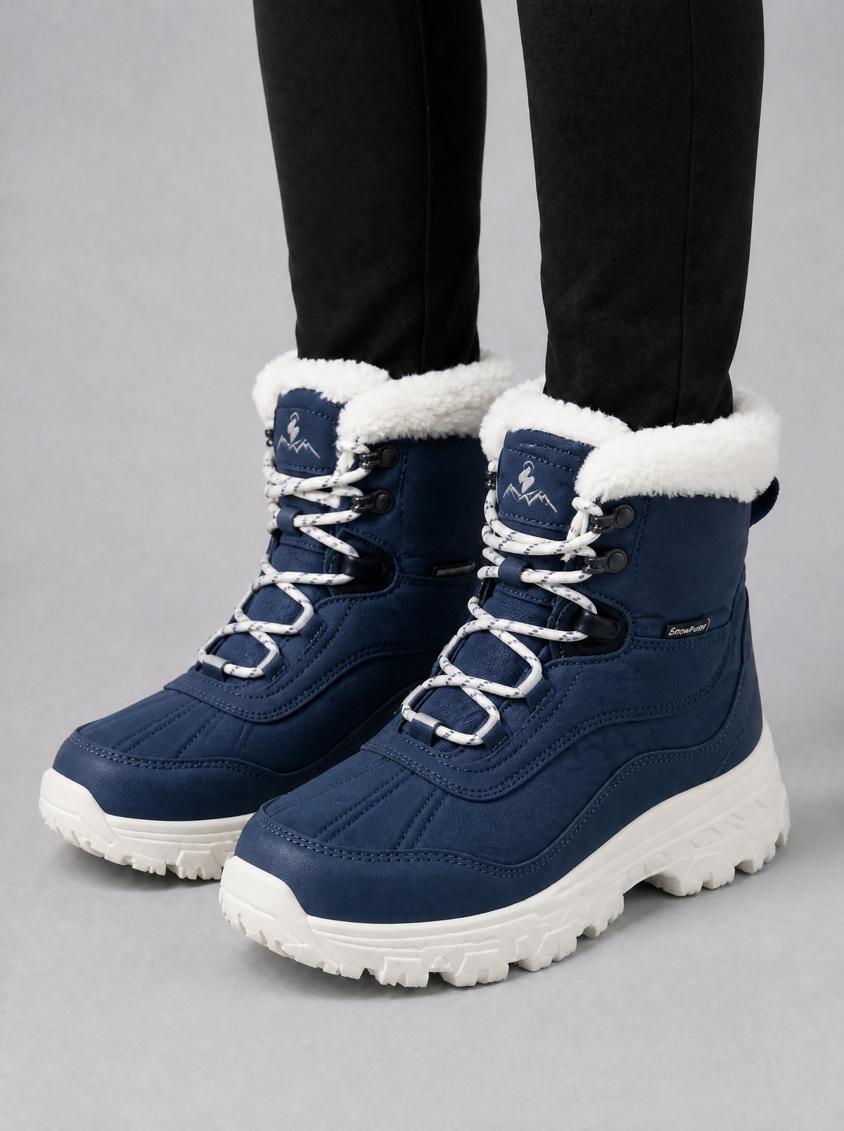 Women's Fleece Trimmed Lace Up Snow Boots - Navy colour view
