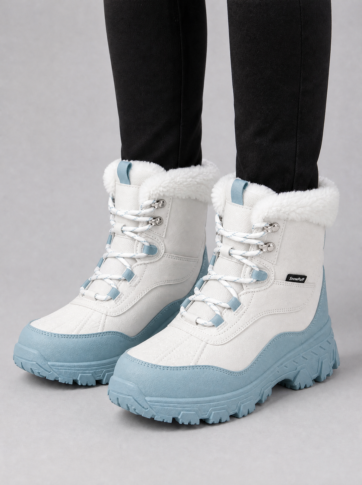 Women's Fleece Trimmed Lace Up Snow Boots - White colour view