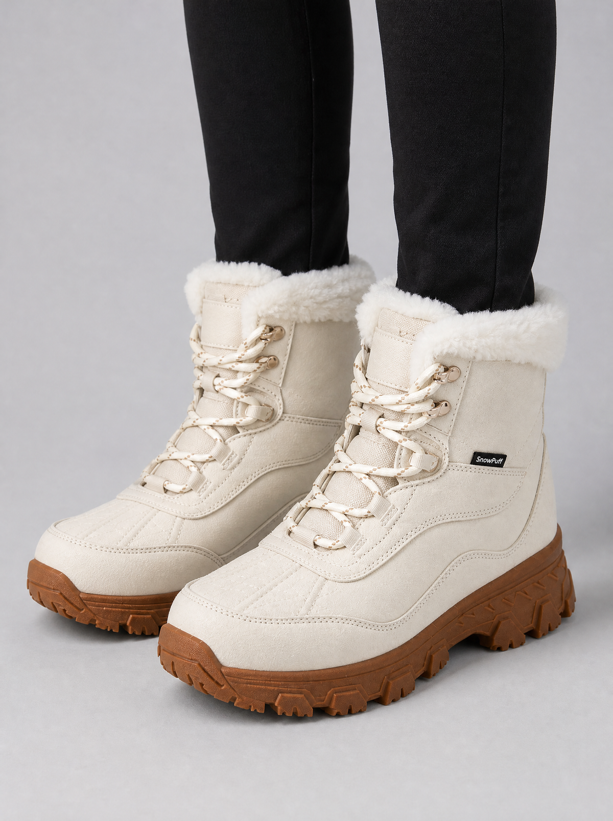 Women's Fleece Trimmed Lace Up Snow Boots - Cream colour view