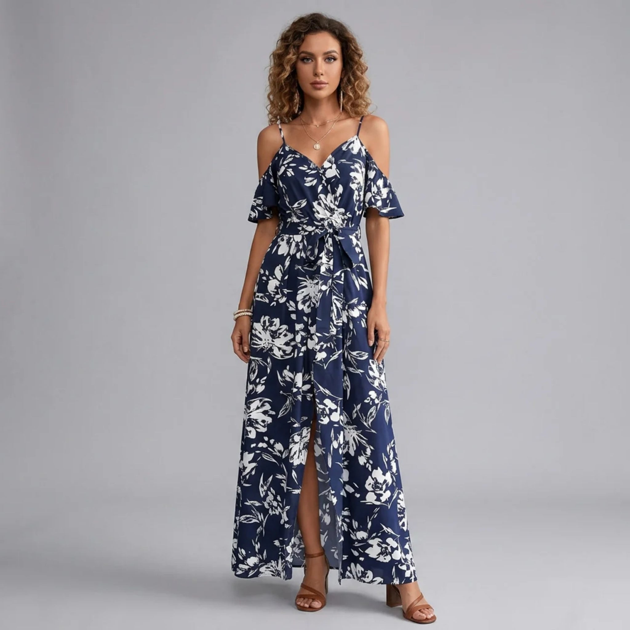 Women’s Floral Cold-Shoulder Wedding Guest Maxi Dress