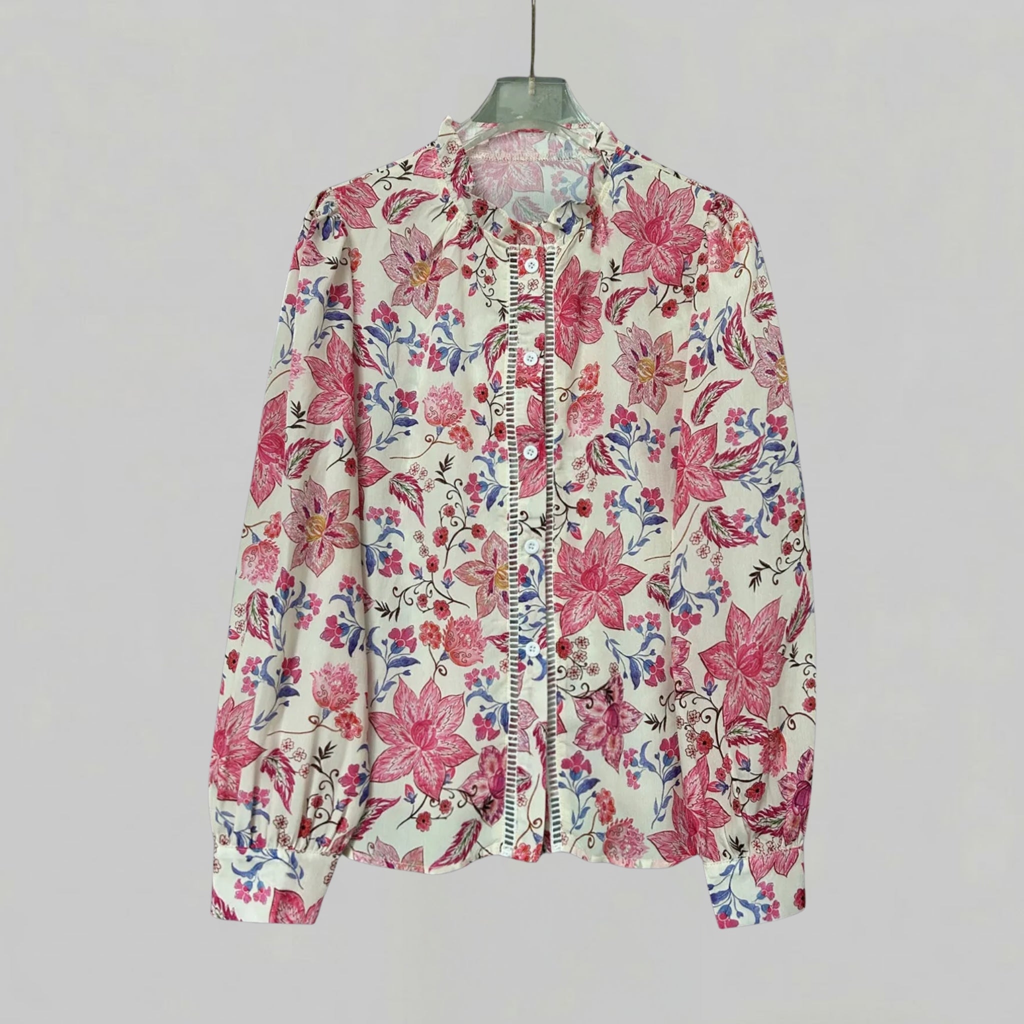 Women’s Floral Long-Sleeve Shirt with Ladder-Stitch Detail