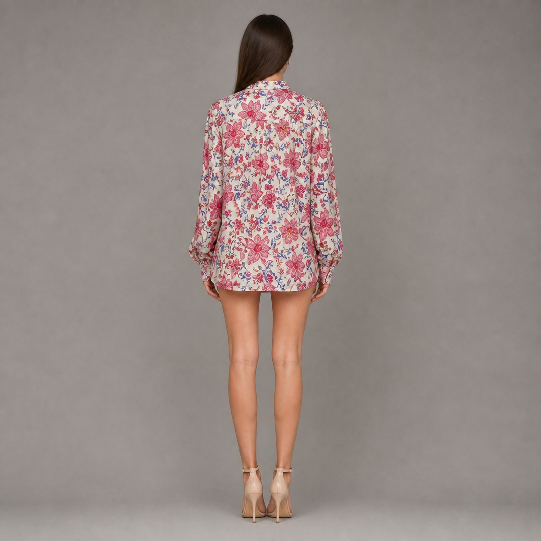 Women’s Floral Long-Sleeve Shirt with Ladder-Stitch Detail