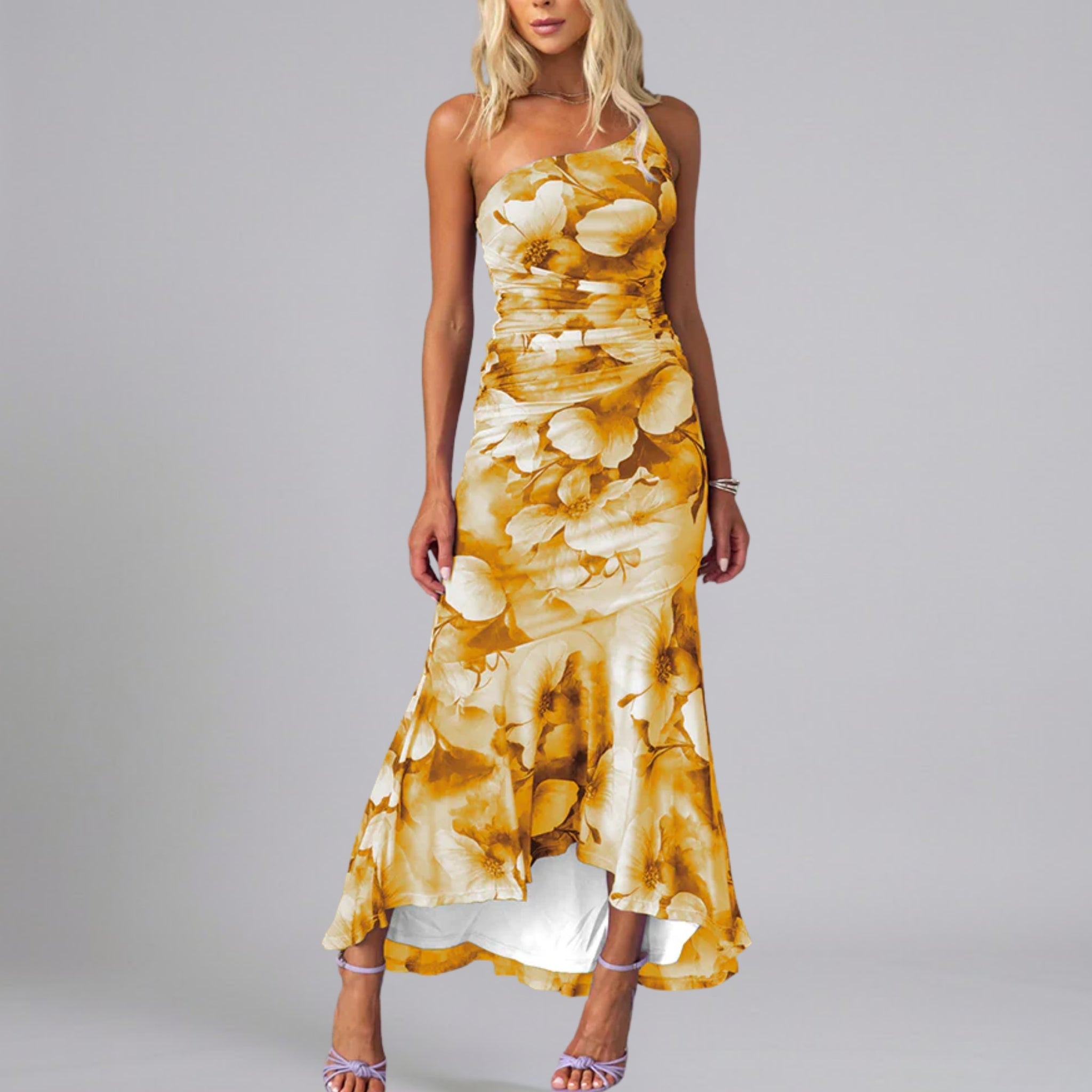 Women’s Floral One-Shoulder Asymmetrical Maxi Dress with Cascading Ruffles