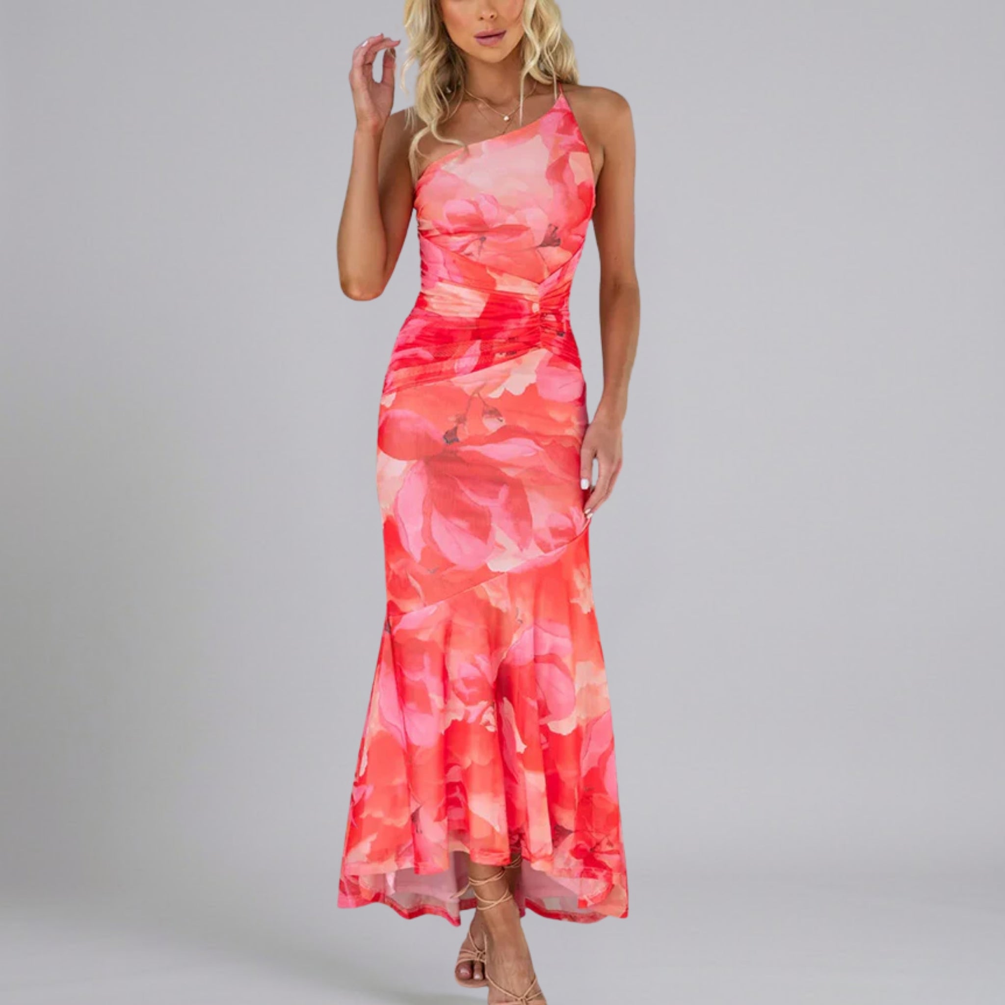Women’s Floral One-Shoulder Asymmetrical Maxi Dress with Cascading Ruffles