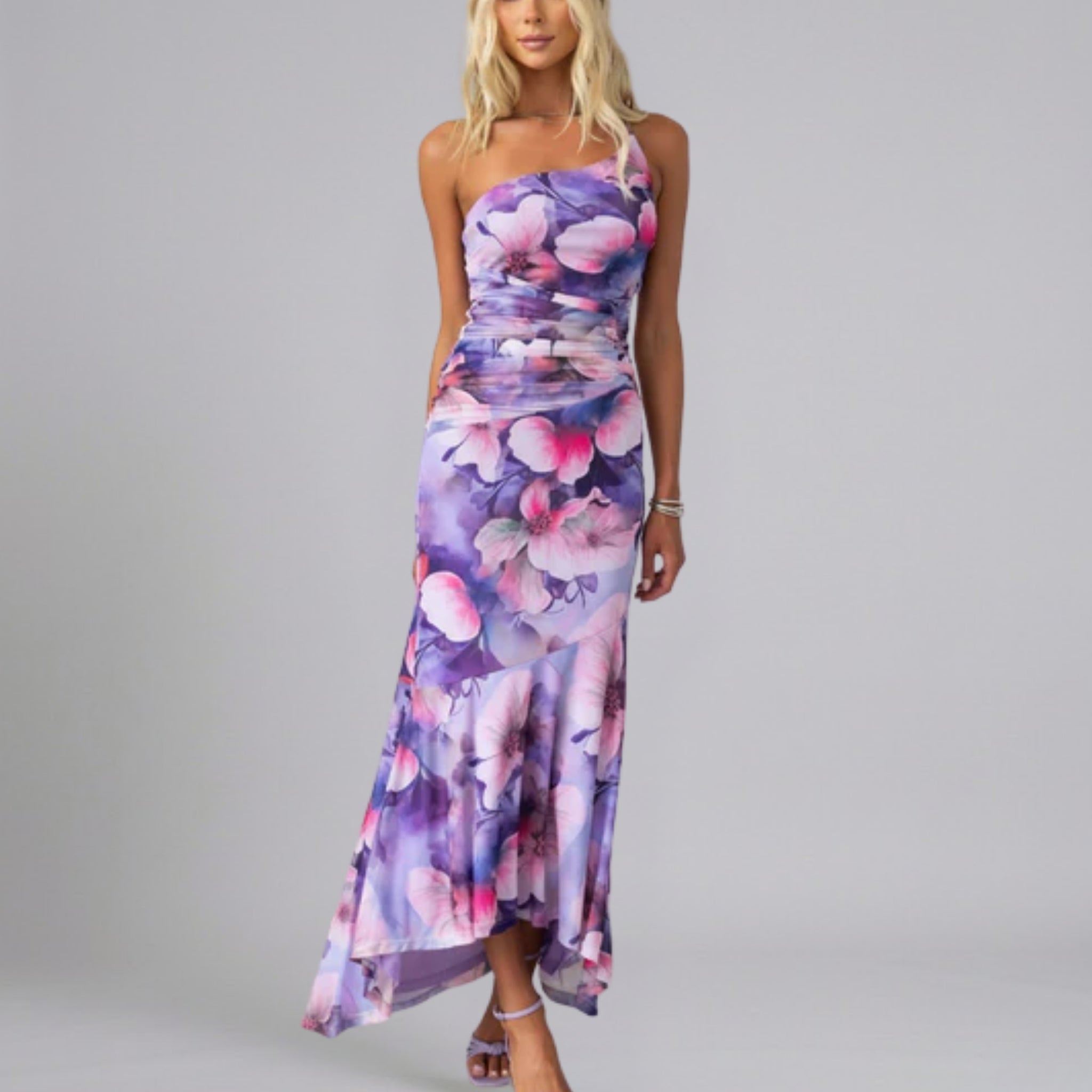 Women’s Floral One-Shoulder Asymmetrical Maxi Dress with Cascading Ruffles