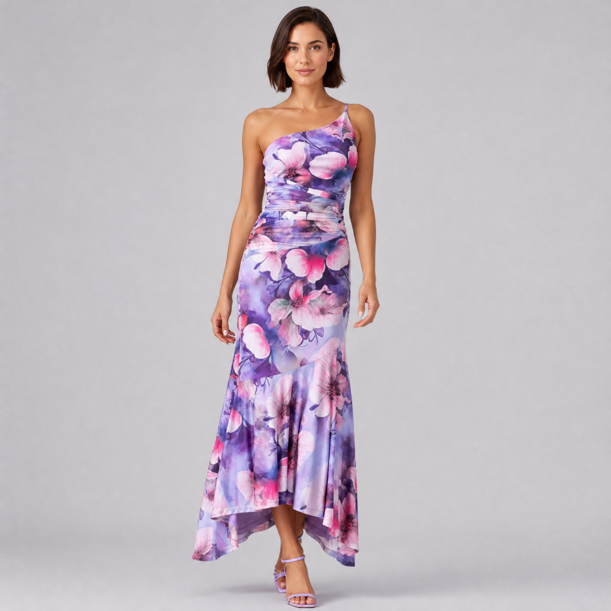 Women’s Floral One-Shoulder Asymmetrical Maxi Dress with Cascading Ruffles
