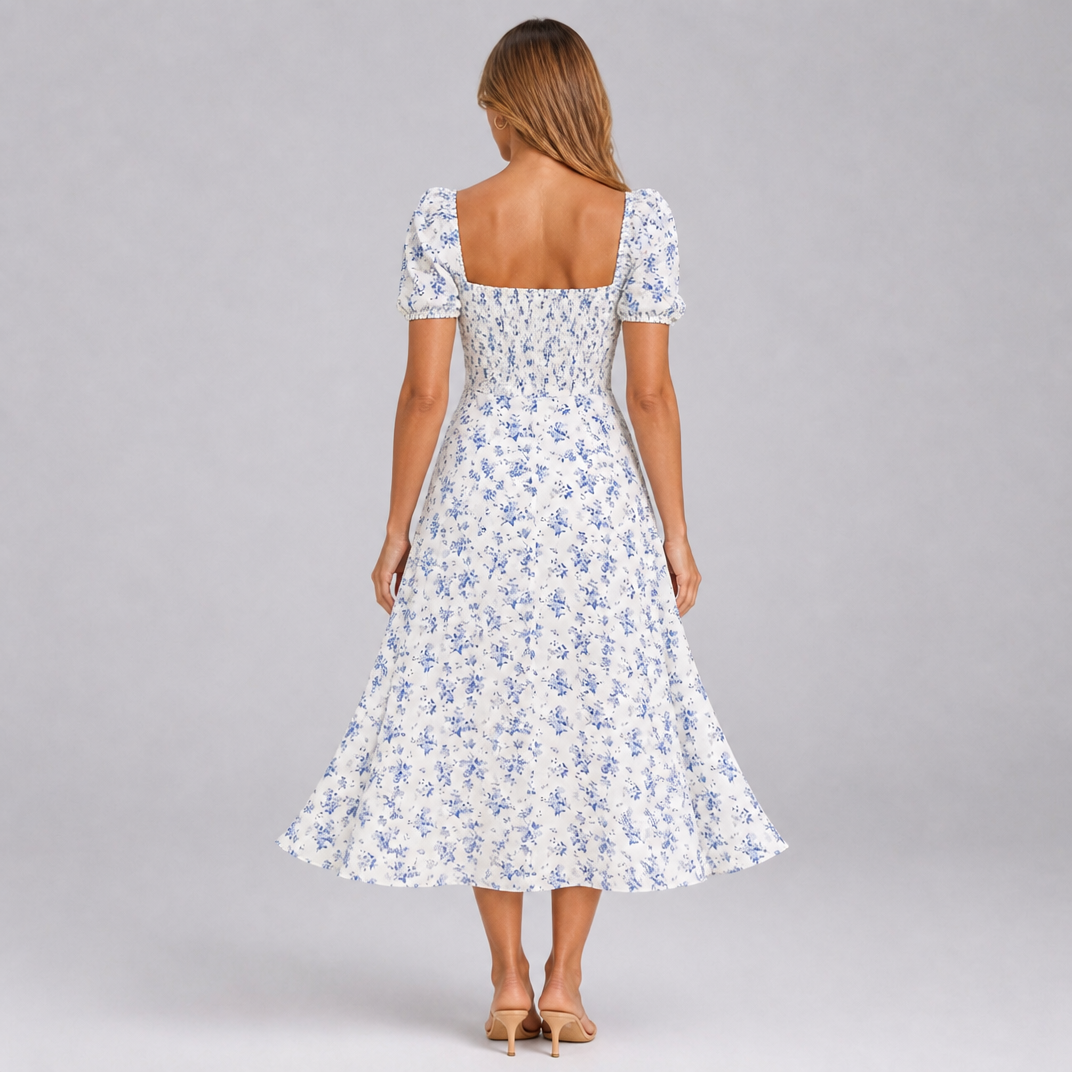 Women’s Floral Square-Neck Puff-Sleeve Slit Midi Dress