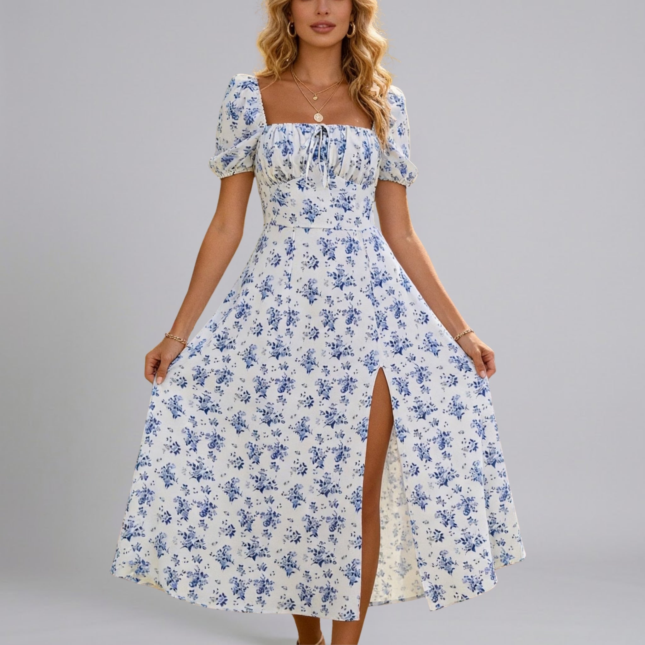 Women’s Floral Square-Neck Puff-Sleeve Slit Midi Dress