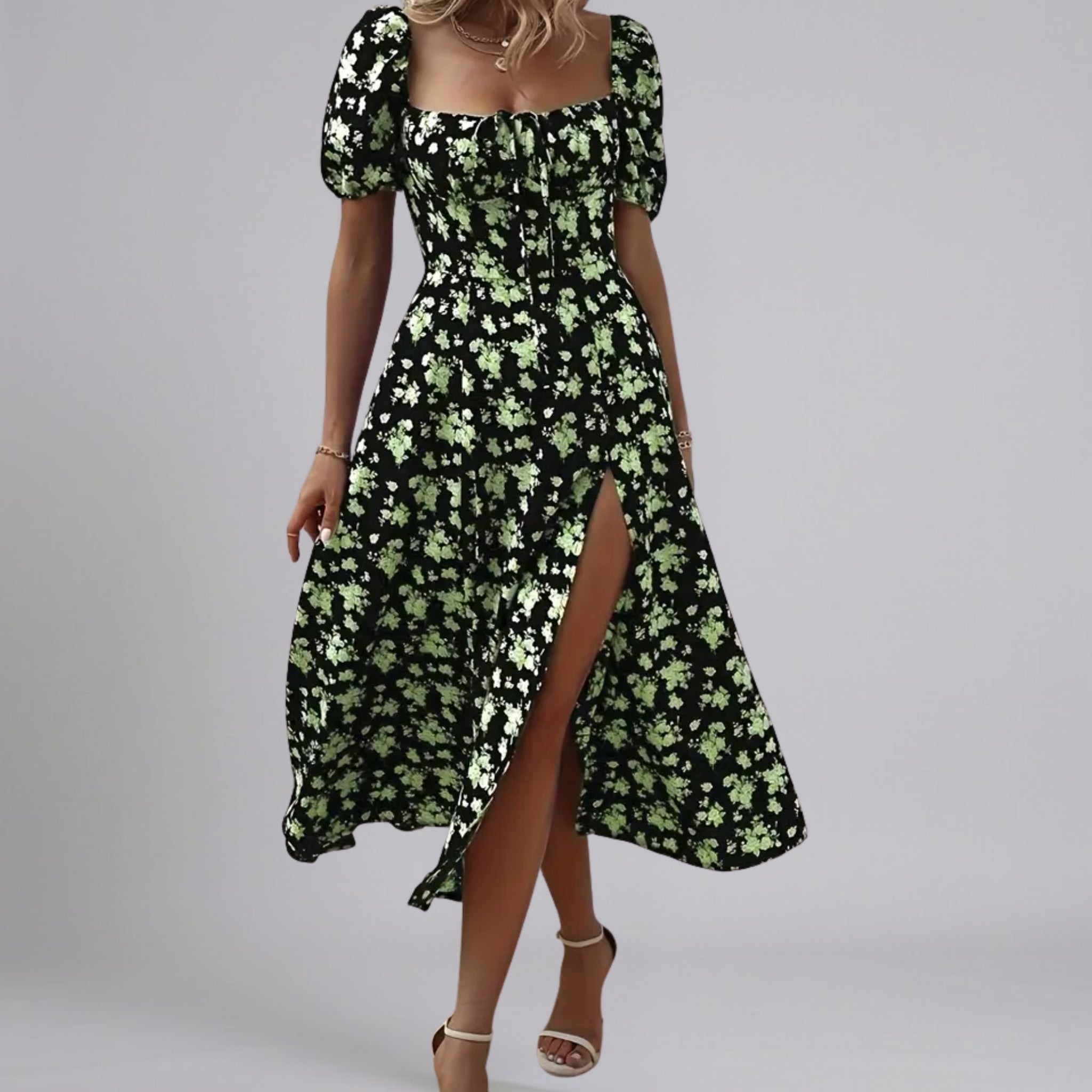 Women’s Floral Square-Neck Puff-Sleeve Slit Midi Dress
