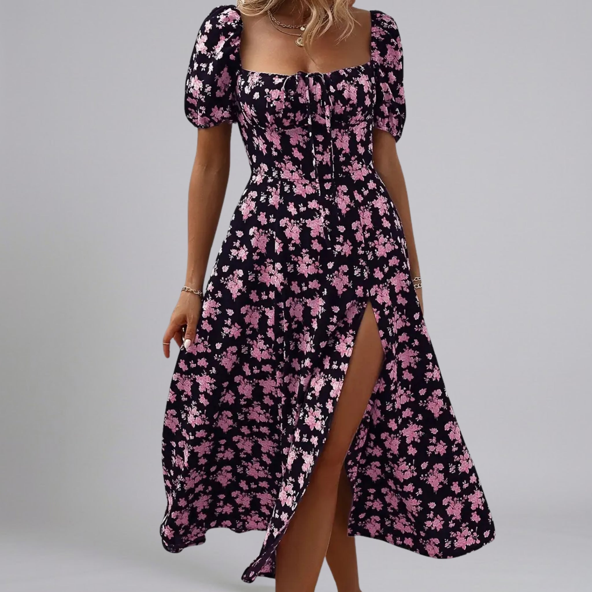 Women’s Floral Square-Neck Puff-Sleeve Slit Midi Dress