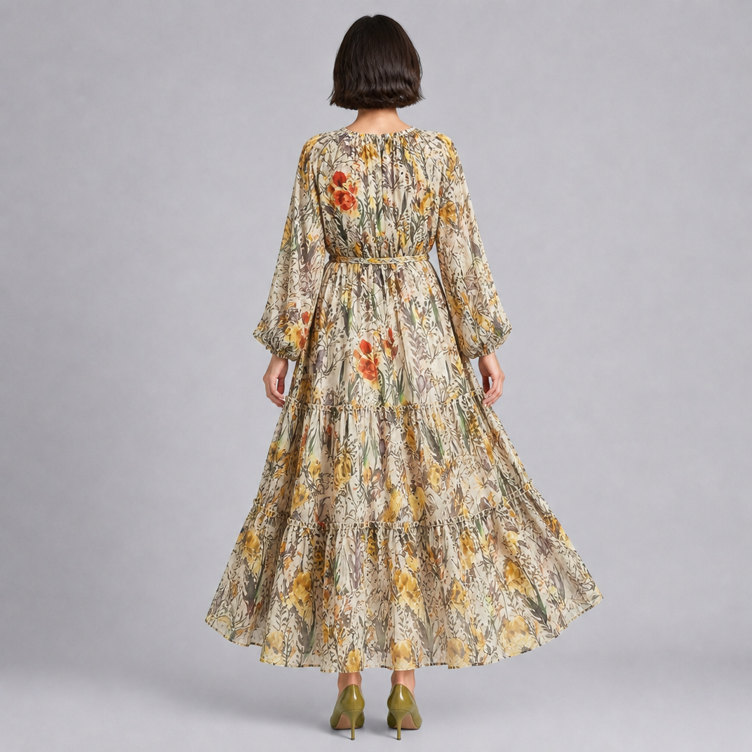 Women’s Floral Tiered Maxi Dress with Tie-Waist