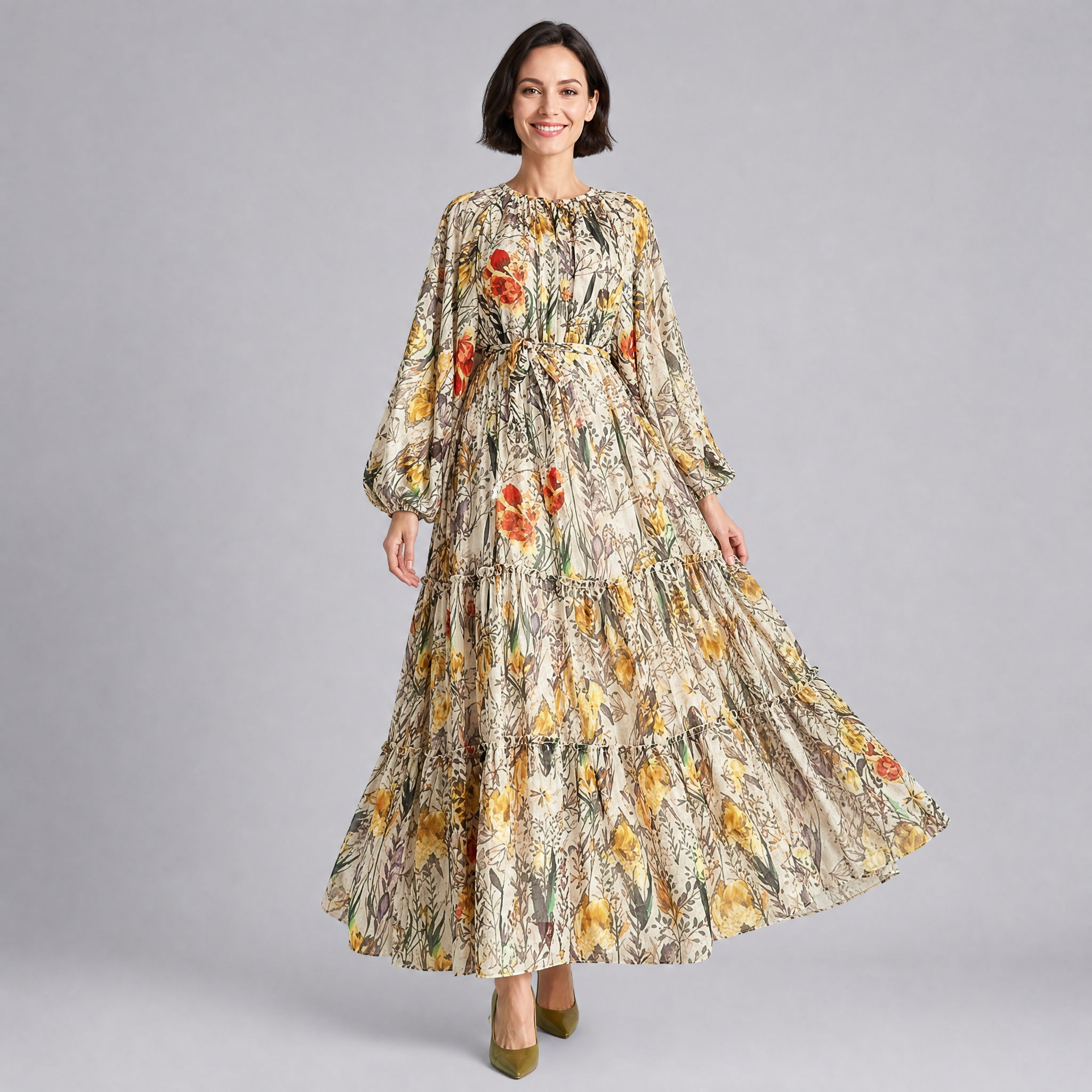 Women’s Floral Tiered Maxi Dress with Tie-Waist