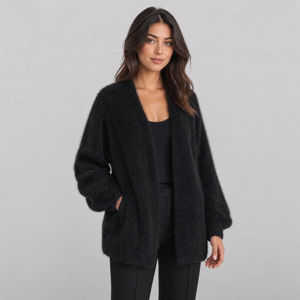 Womens Fluffy Knitted Cardigan – Open Front Layer