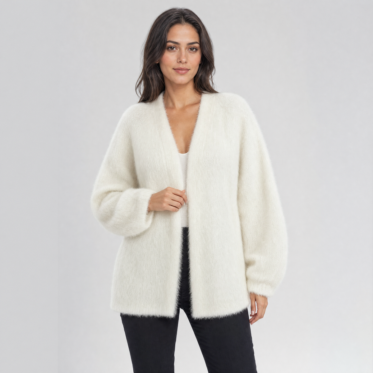 Womens Fluffy Knitted Cardigan – Open Front Layer