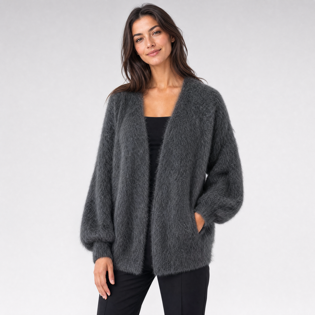 Womens Fluffy Knitted Cardigan – Open Front Layer