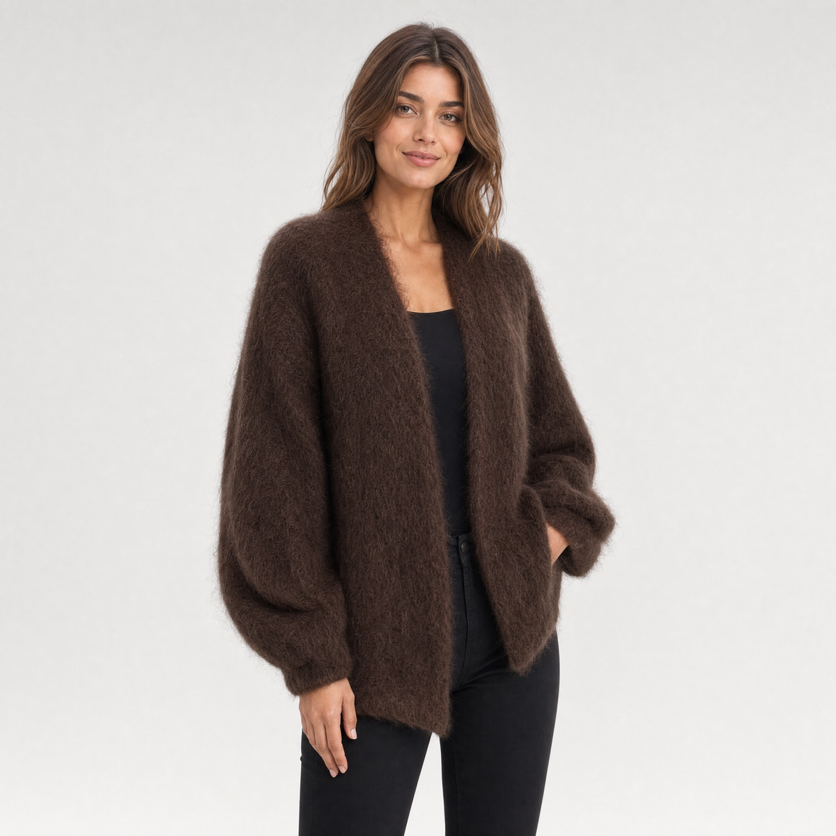 Womens Fluffy Knitted Cardigan – Open Front Layer