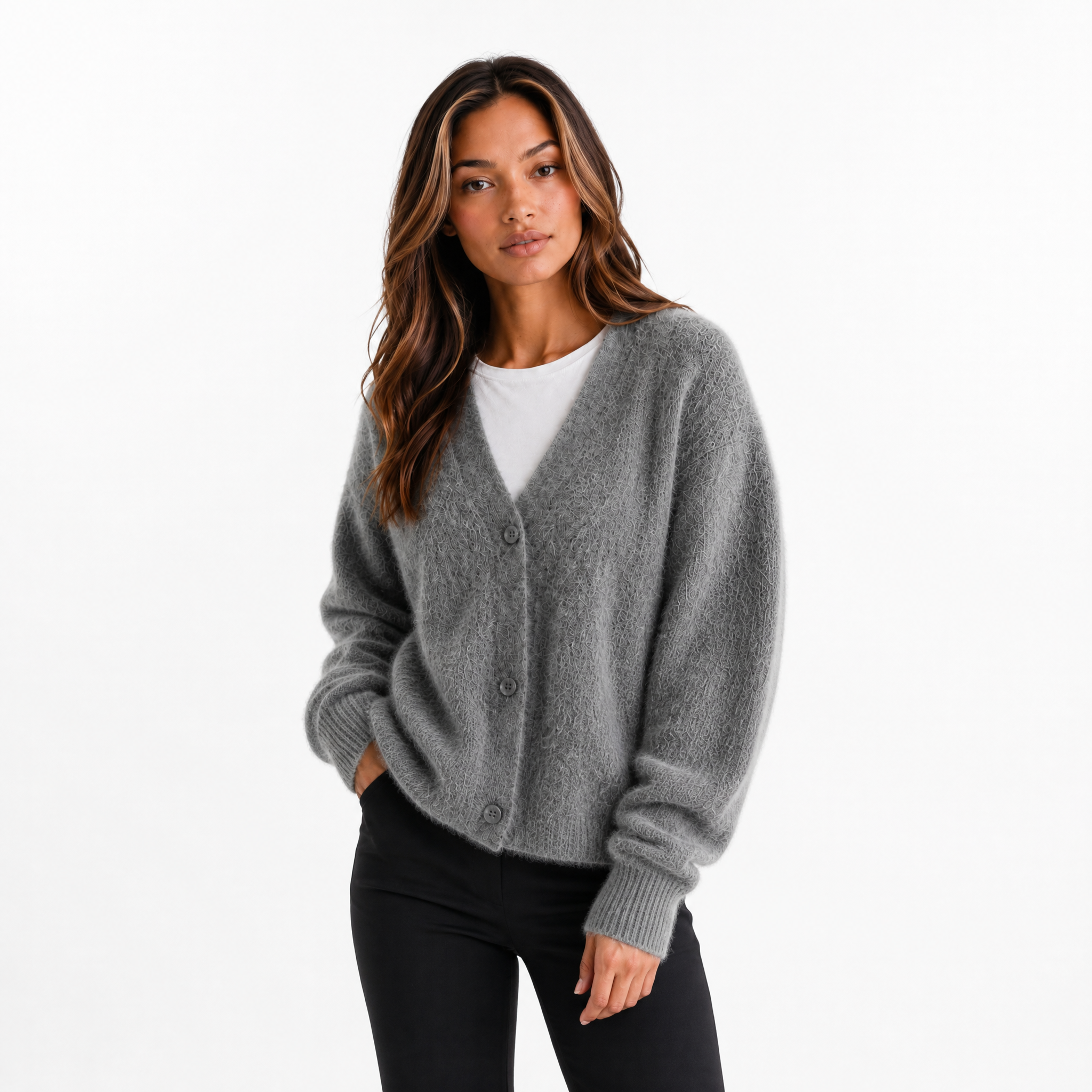 Women's Fluffy Knitted Cardigan – Soft Winter Jumper