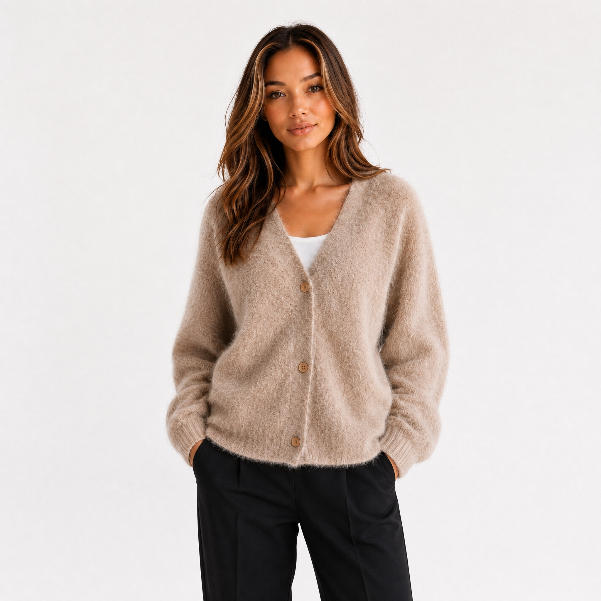 Women's Fluffy Knitted Cardigan – Soft Winter Jumper