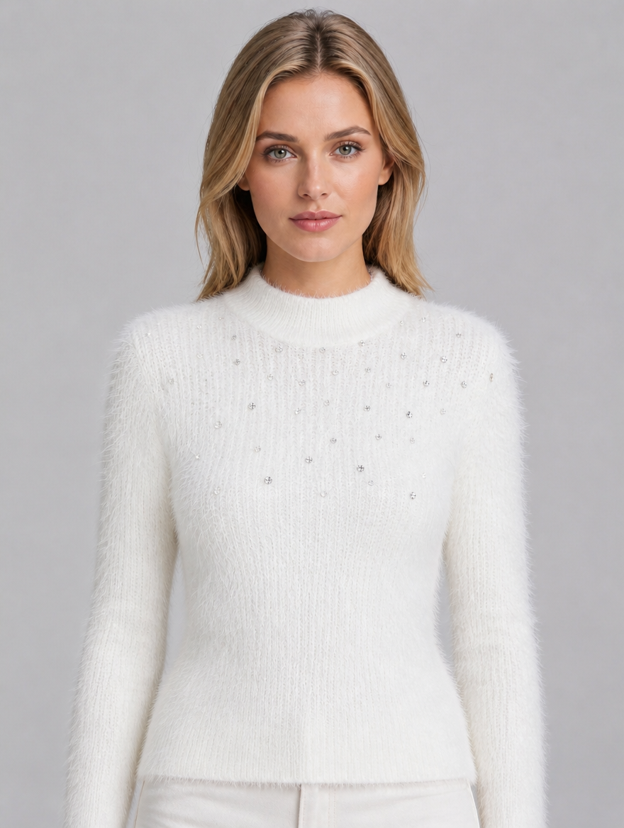 Women's Fluffy Rhinestone Mock Neck Fitted Jumper - White colour view