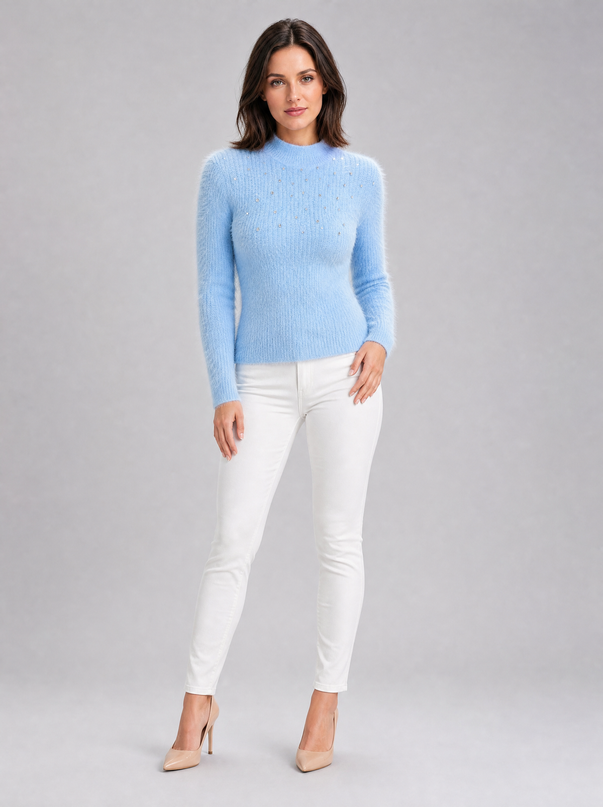 Women's Fluffy Rhinestone Mock Neck Fitted Jumper - product view 1