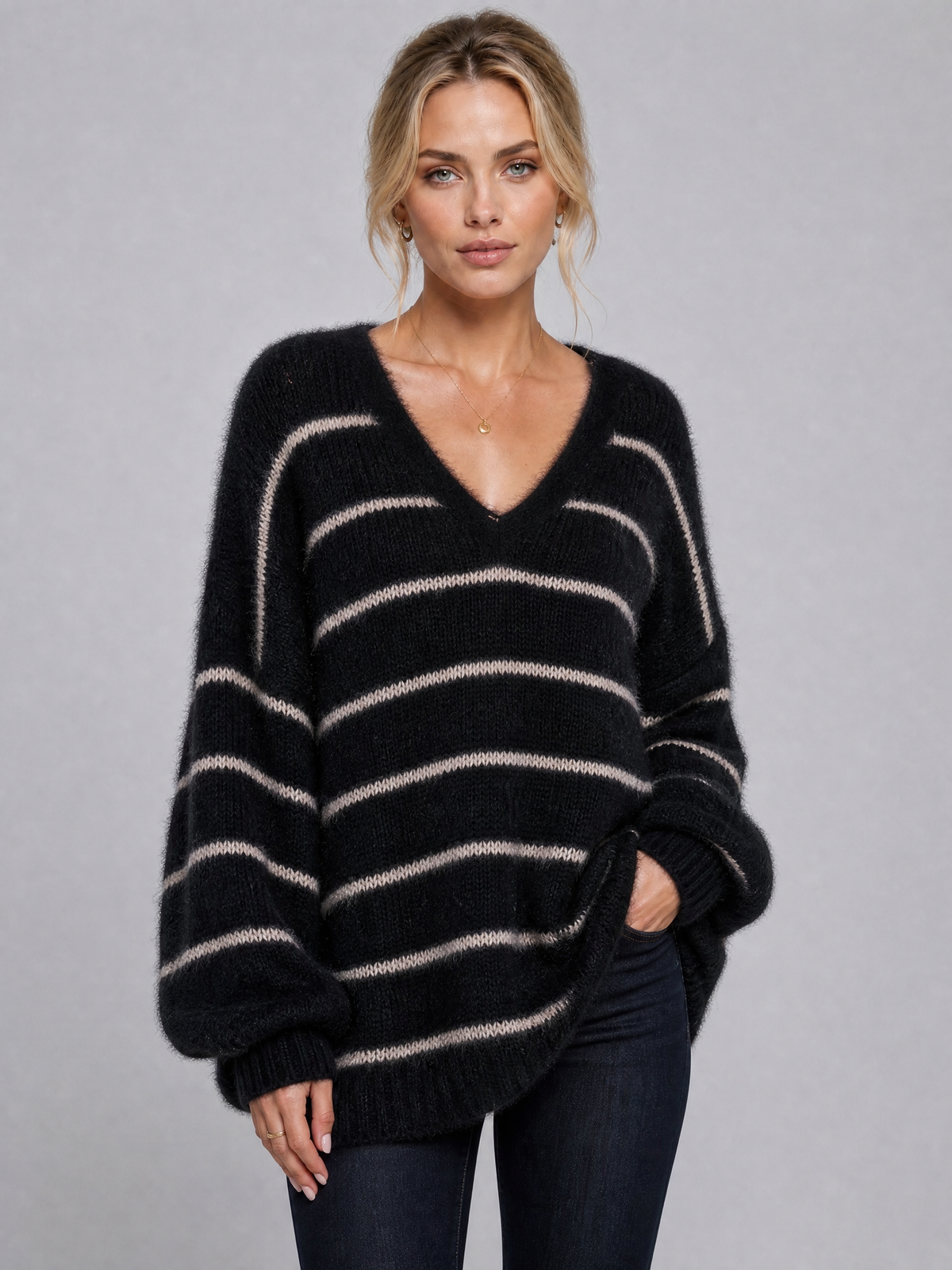Women's Fluffy Striped Wool Blend Relaxed V Neck Jumper