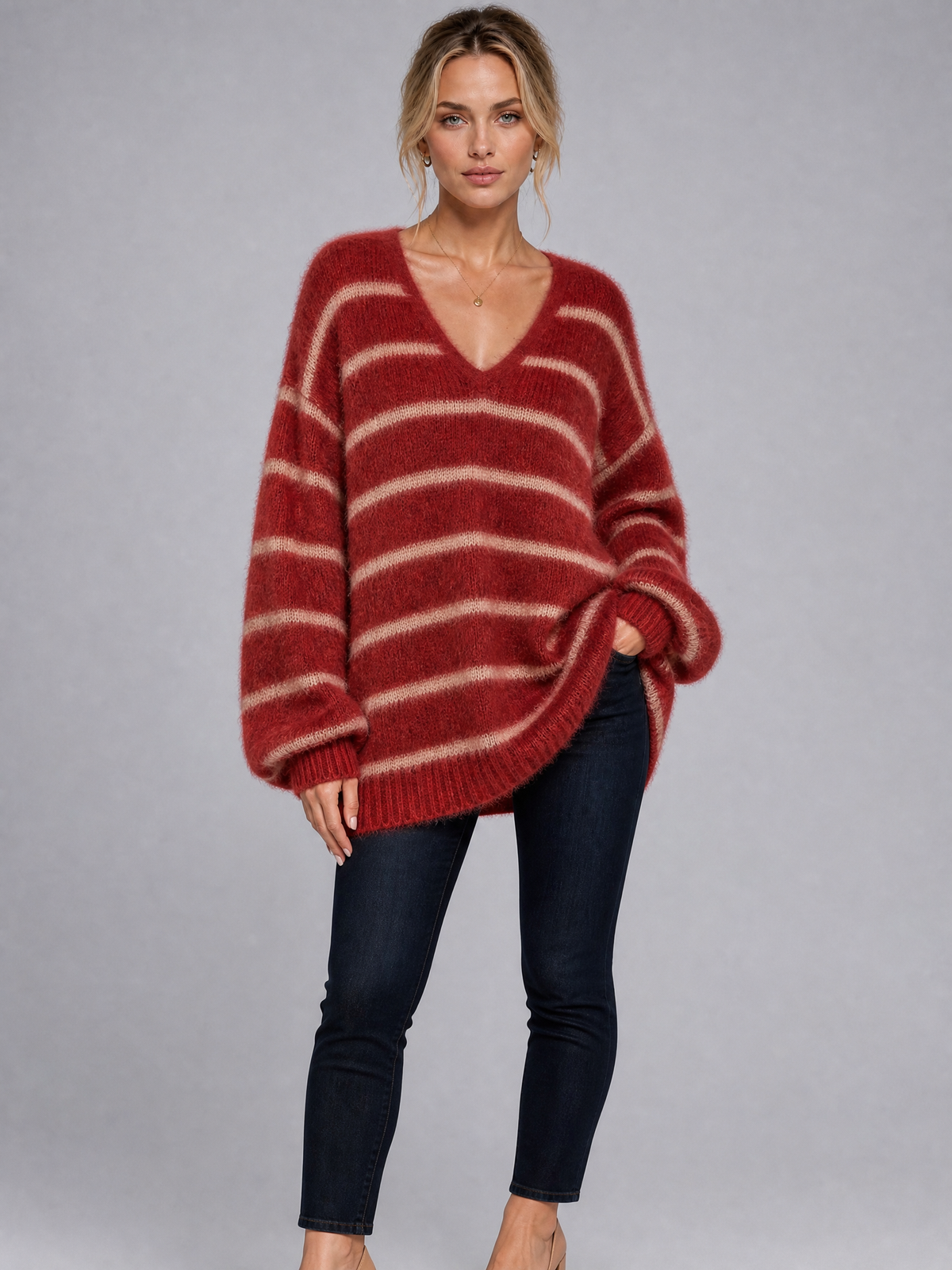 Women's Fluffy Striped Wool Blend Relaxed V Neck Jumper